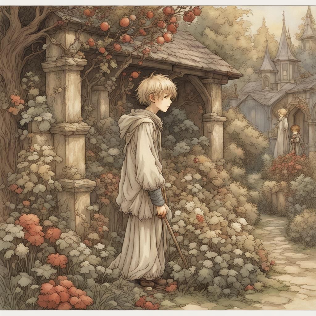 Medieval Boy in a Vibrant Garden Landscape