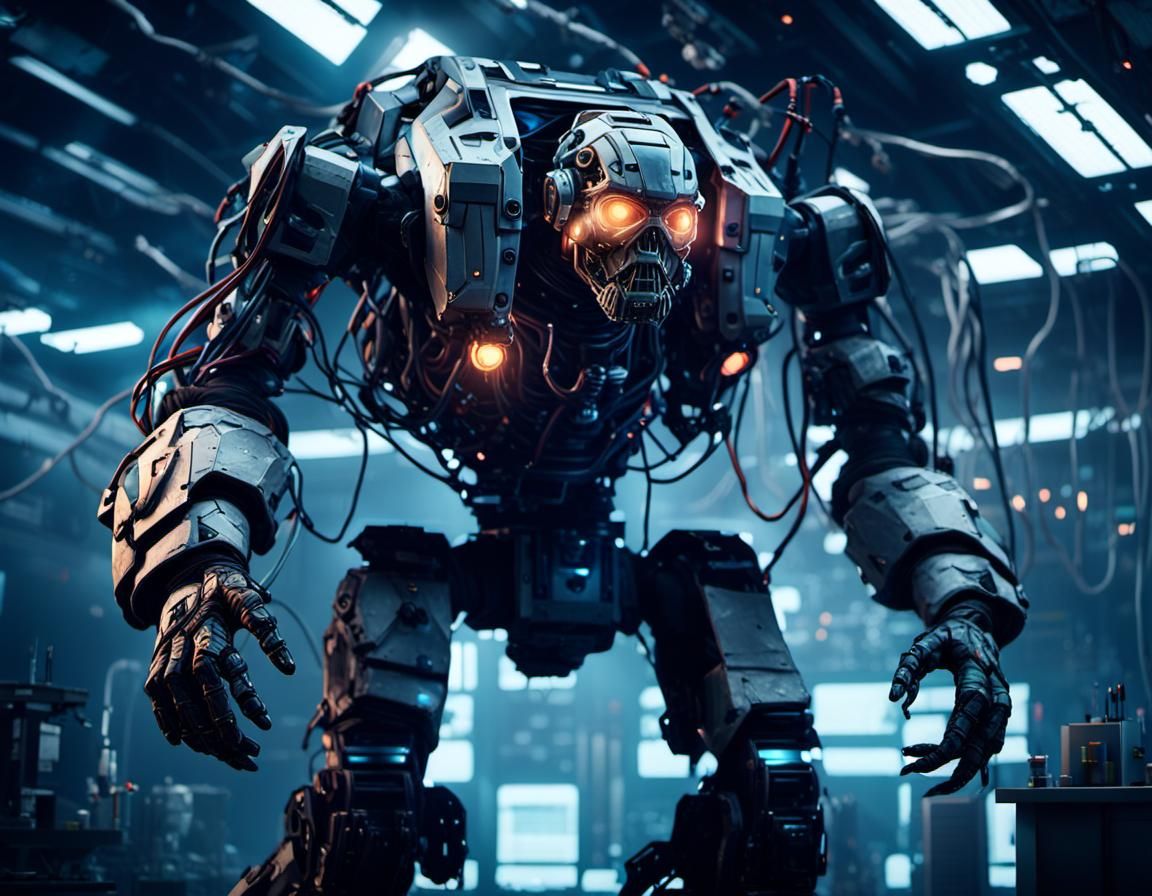 Epic Horror Mech Charging at Scientists in a Dark Lab