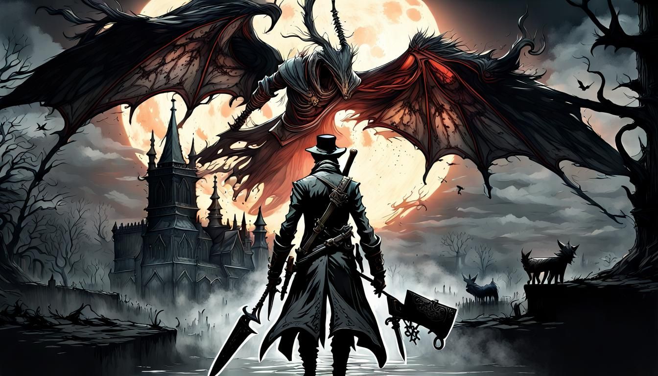 Bloodborne Cathedral Battle Scene in Dark Fantasy Art Style