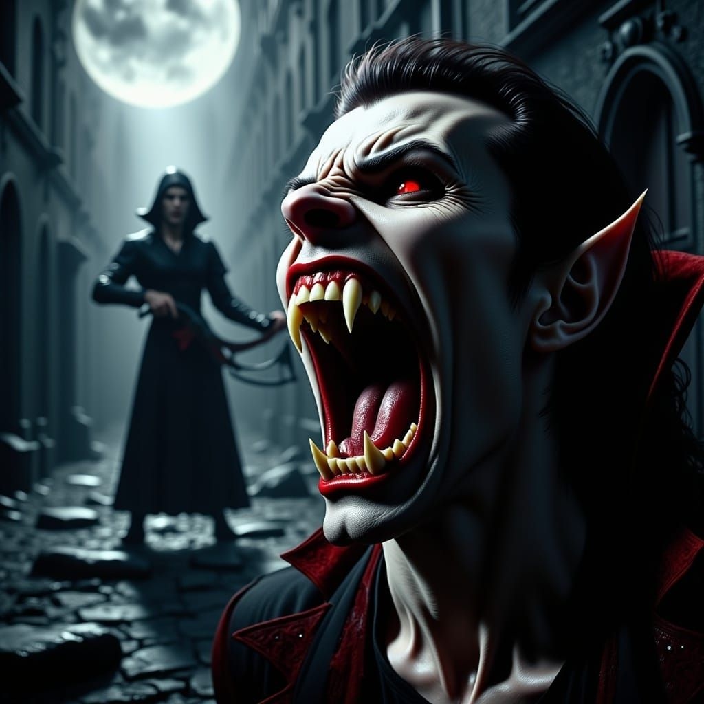 Dark Gothic Vampire in Close-Up with Bared Fangs and Crossbo...