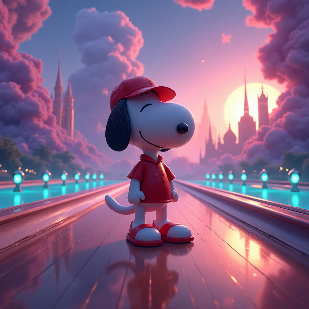Whimsical Bowling Scene with Fantastical Cityscape