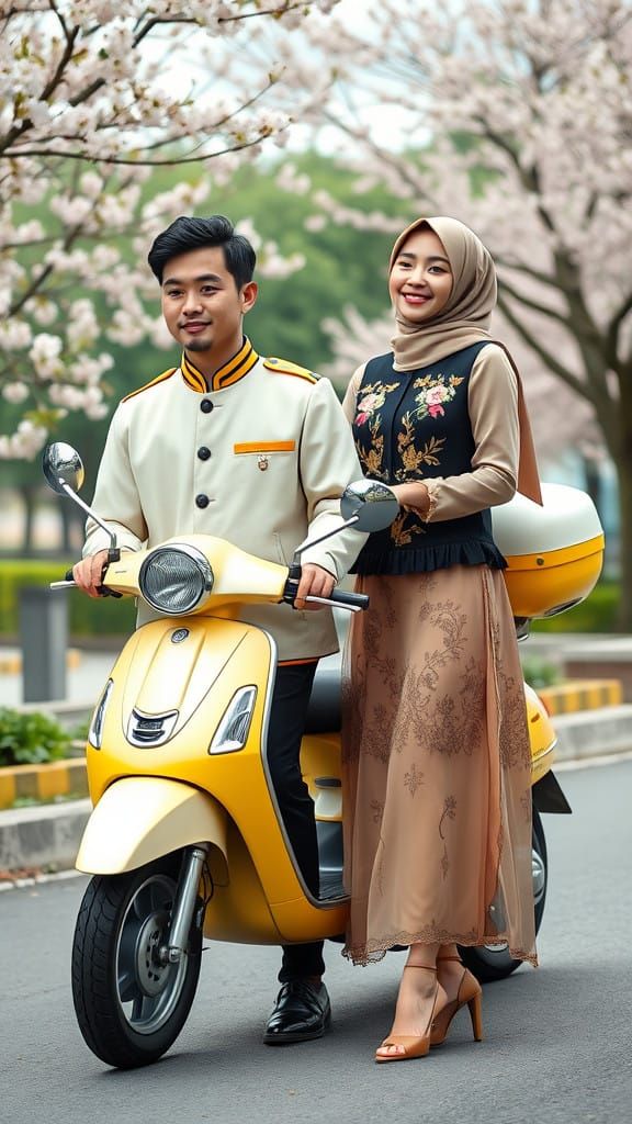 Indonesian Couple Riding a Vespa through Cherry Blossoms