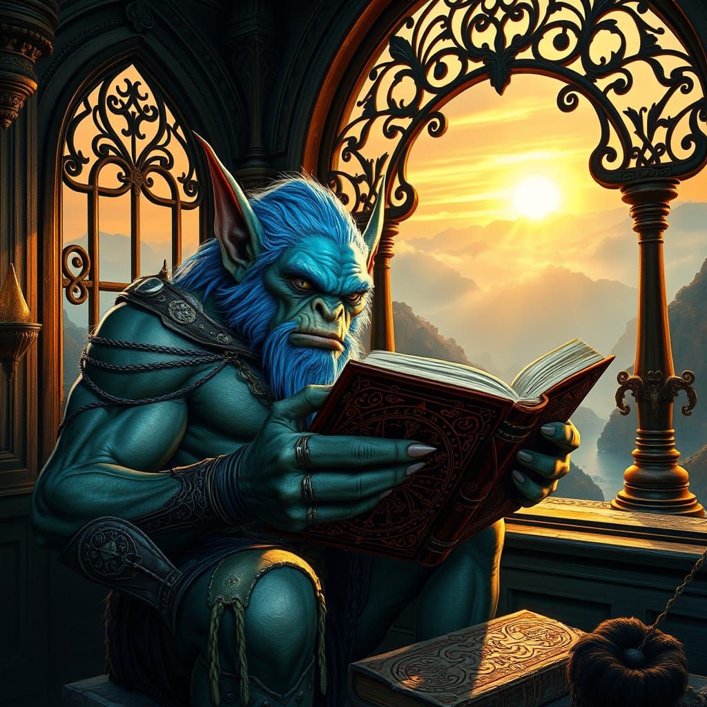 Mystical Goblin Scholar Contemplates Ancient Tomes Amidst Ba...