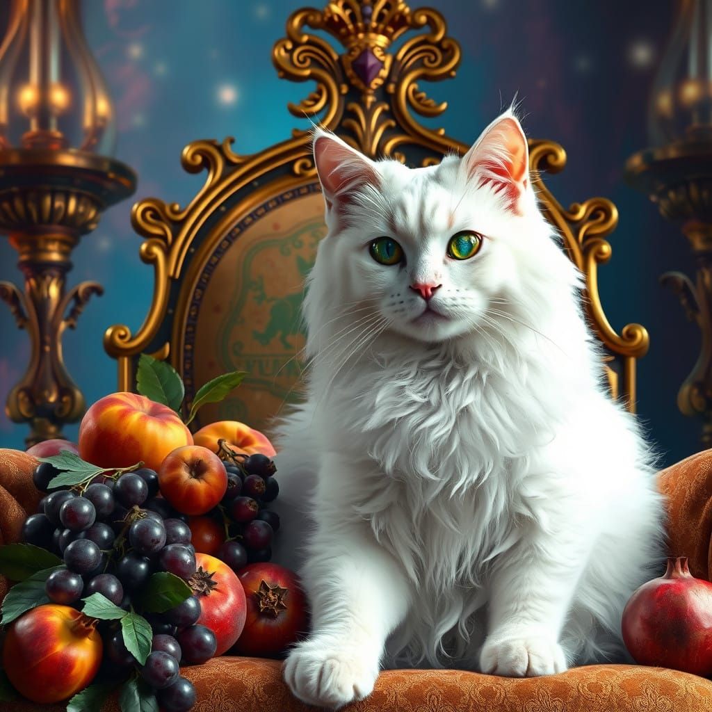 Majestic White Cat on Lavish Palace Chair with Fruits in Fan...