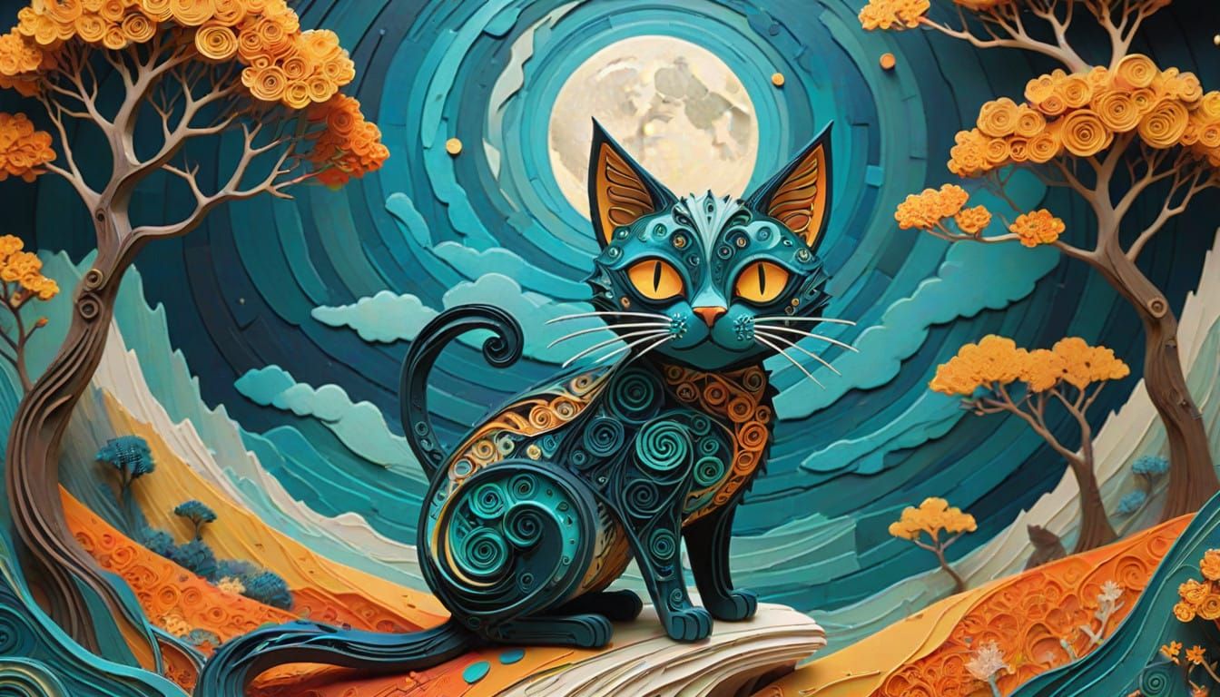 Vibrant Whimsical Cat in Thunderstorm, Mixed Media Collage