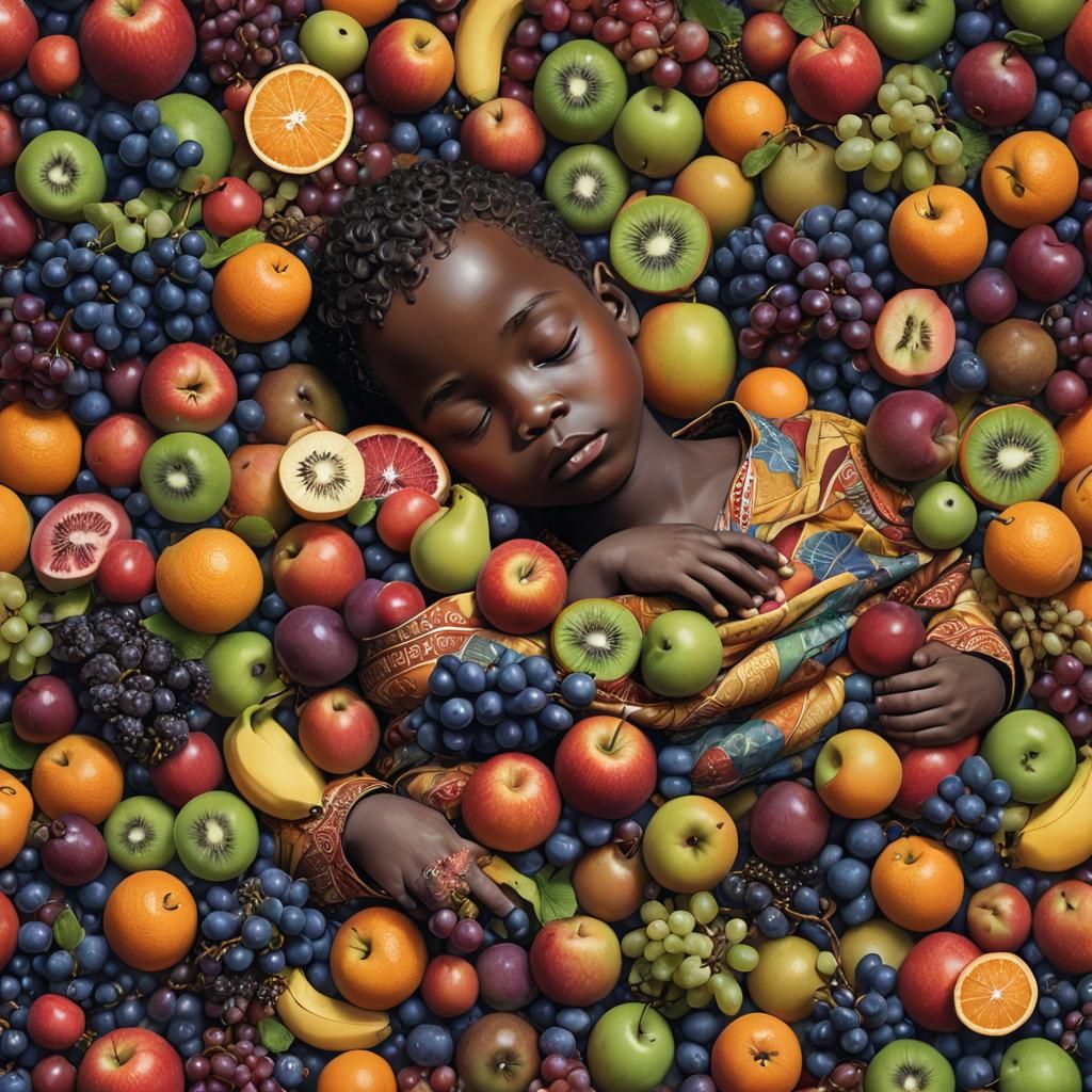 Fantastical African Child in a Tropical Fruit Oasis