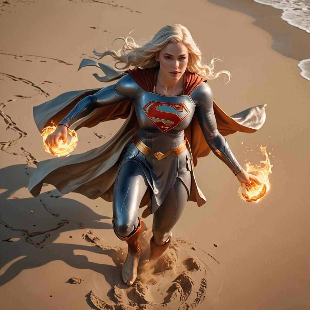 Elegant Supergirl Practices Fire Bending on Beach in Realist...