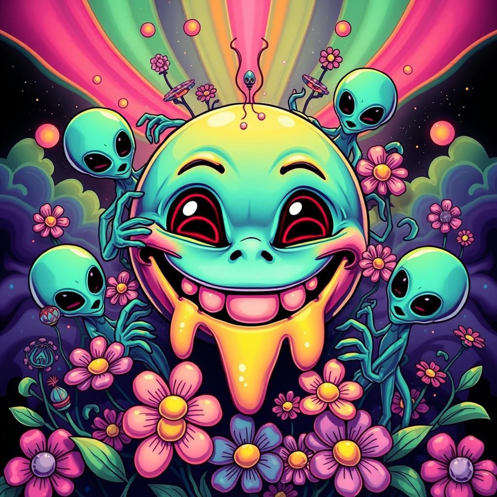Vibrant Psychedelic Scene Features Melting Smiley Face Among...
