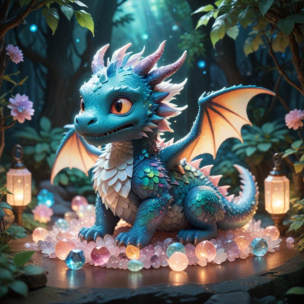 Chibi Dragon on Crystals in Studio Ghibli Style