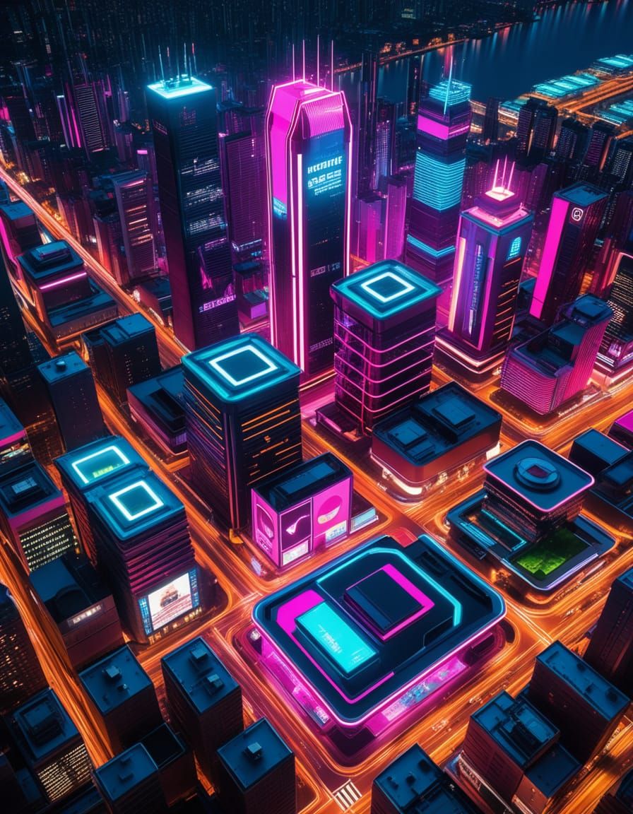 Cyberpunk Cityscape at Night with Neon Lights