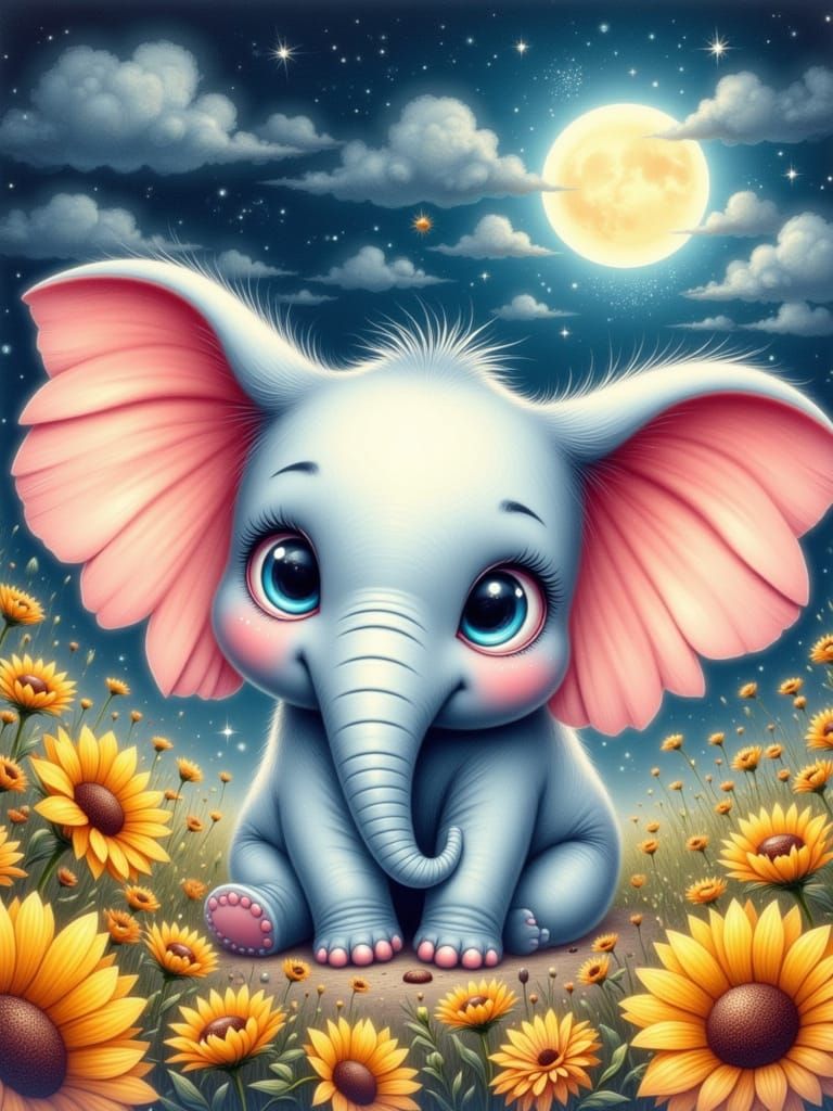 Whimsical Fairy Elephant Watercolor Illustration with Sunflo...