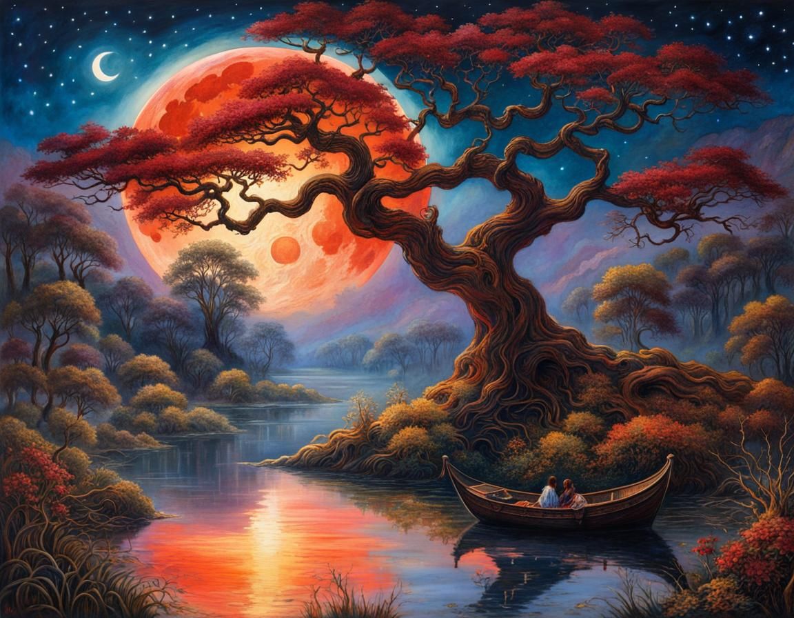 Blood Moon Illuminates a Gnarled Tree in a Pond's Reflection
