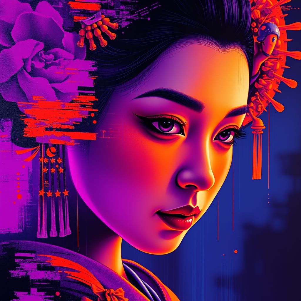 Hyperrealistic Geisha Face in Vibrant, Glitched Colors