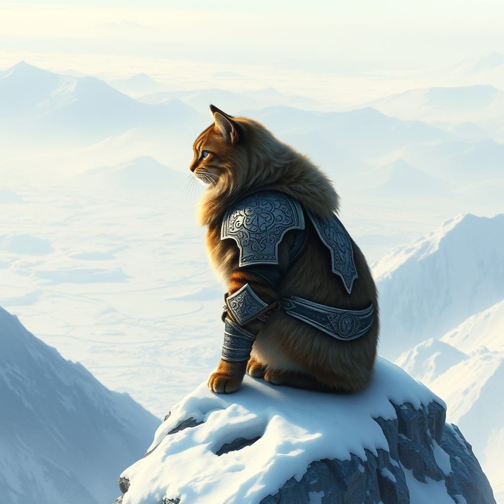 Armored Cat Warrior on Snowy Peak