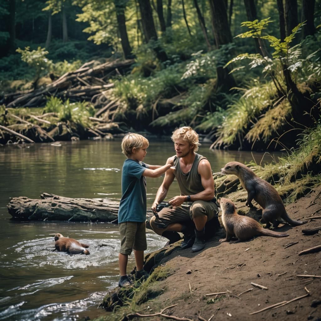 Chiseled Hero Feeds Otter in Breathtaking Blue Forest Landsc...