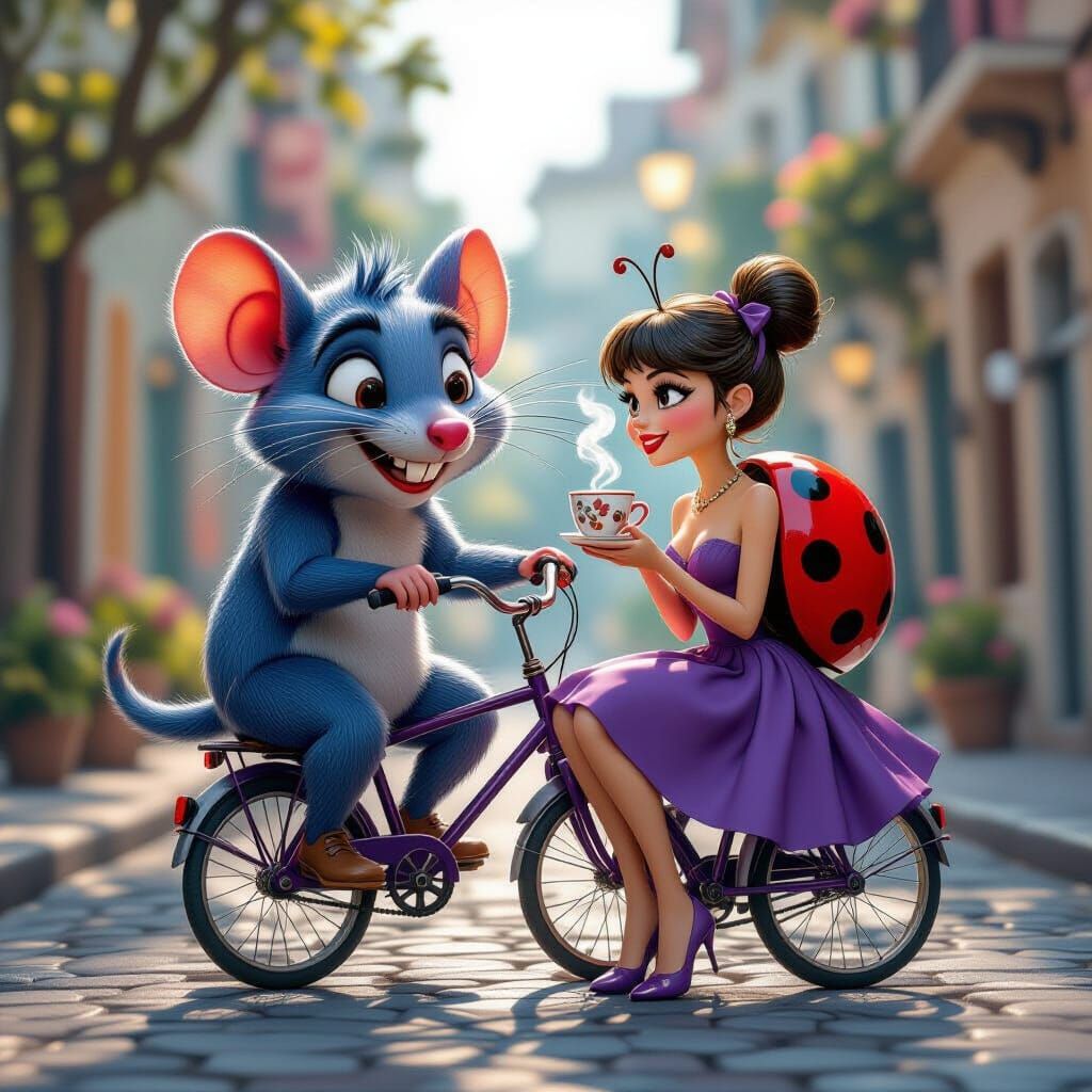 Cartoon Devil Rat Rides Bicycle with Ladybird