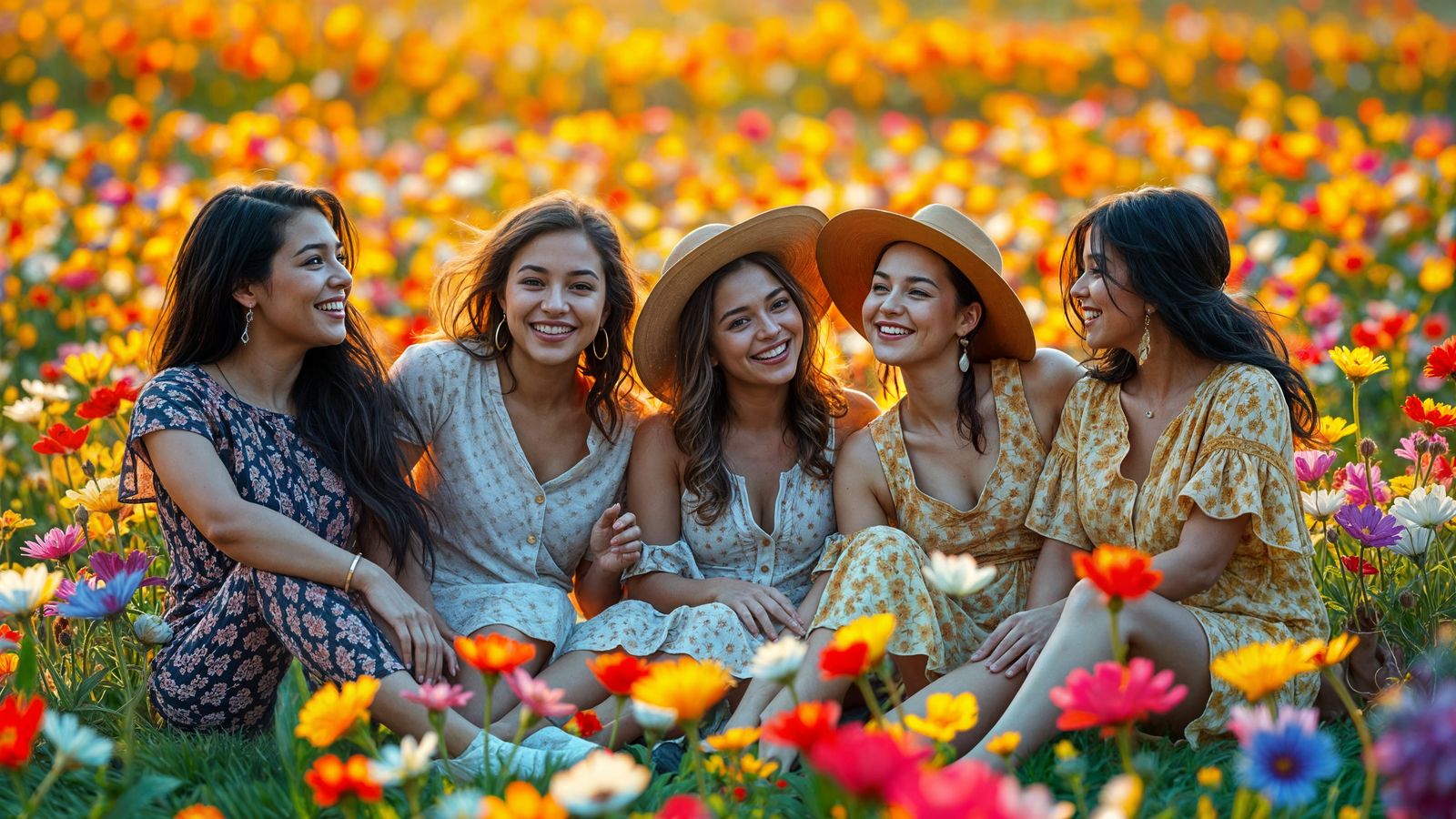 People Enjoying Sunny Picnic in Flower Field