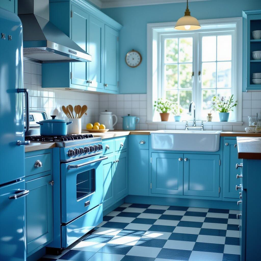 Vintage Blue Kitchen with Chrome Appliances in Warm Light