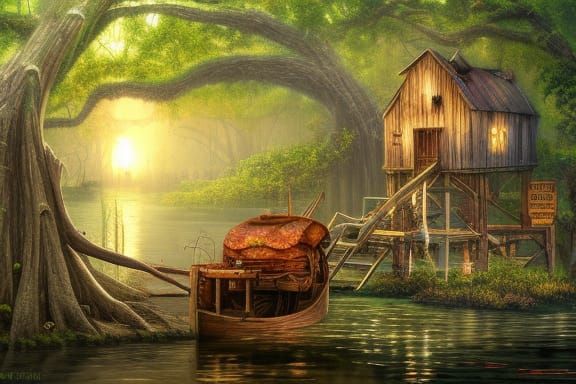 Fantastical Steampunk Bayou Village in Deep Colorful Detail