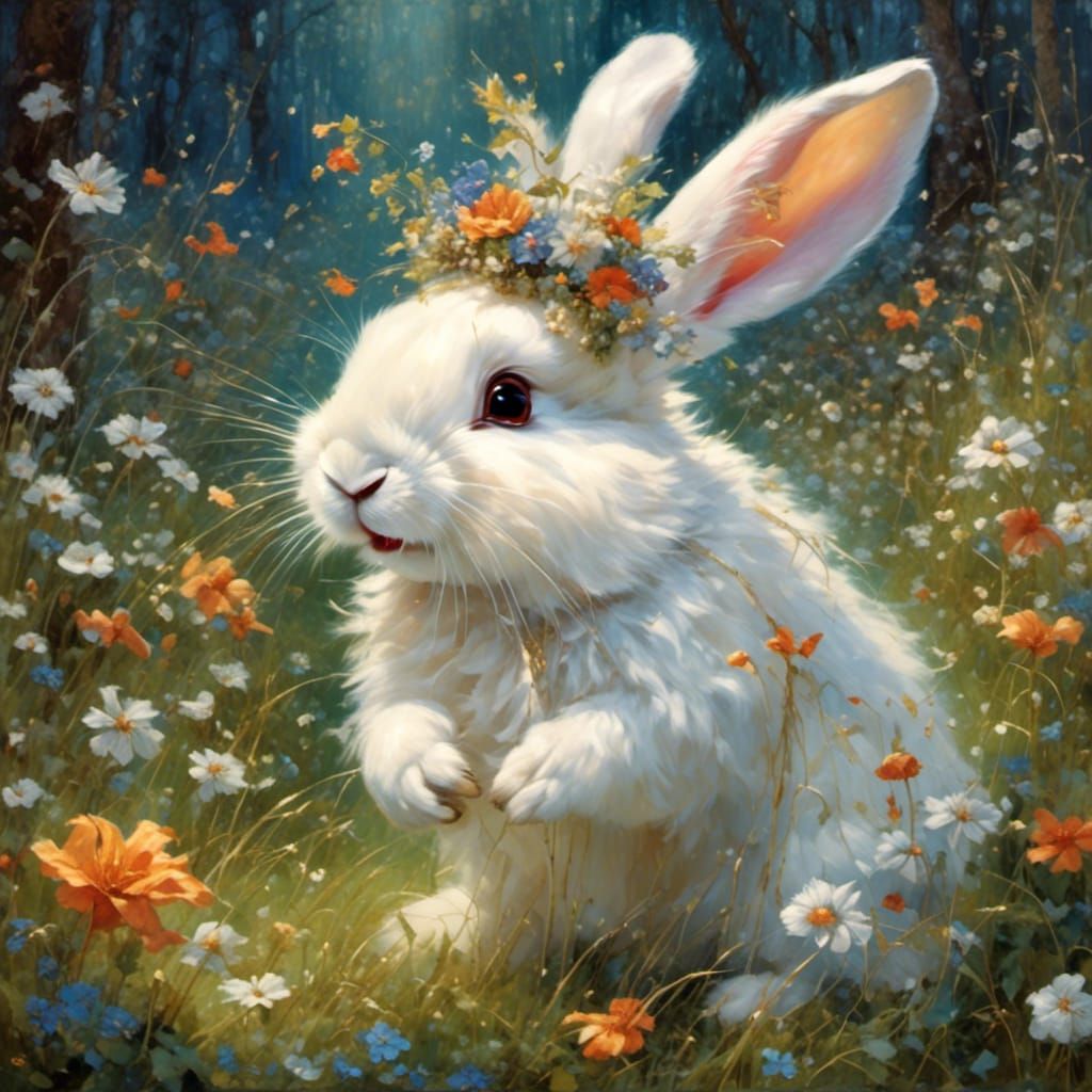 "In the center of the image a white rabbit laughs long hairy fur, he has little fairy wingsstanding you can see its feet...