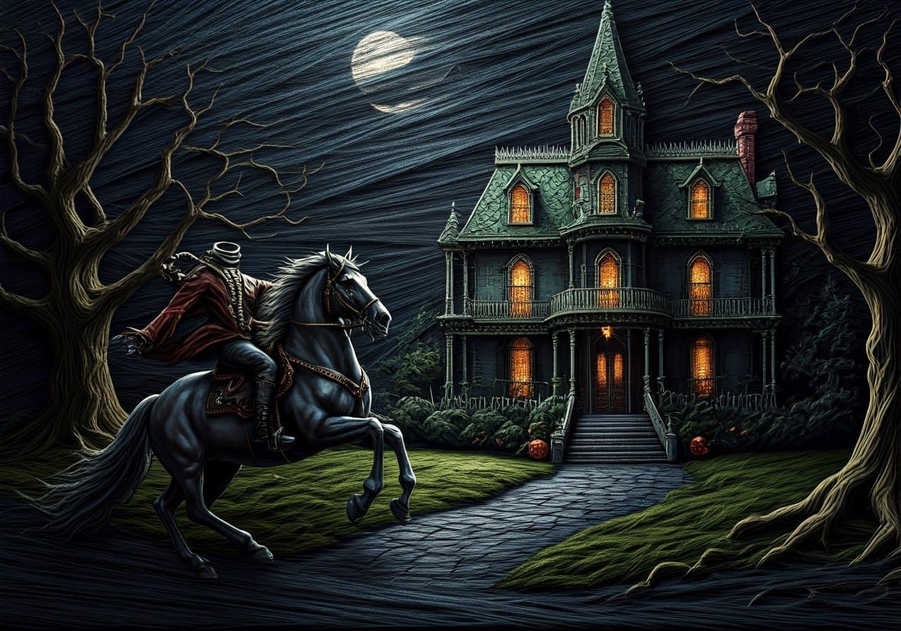 Surreal String Art Haunted Mansion Scene with Headless Horse...