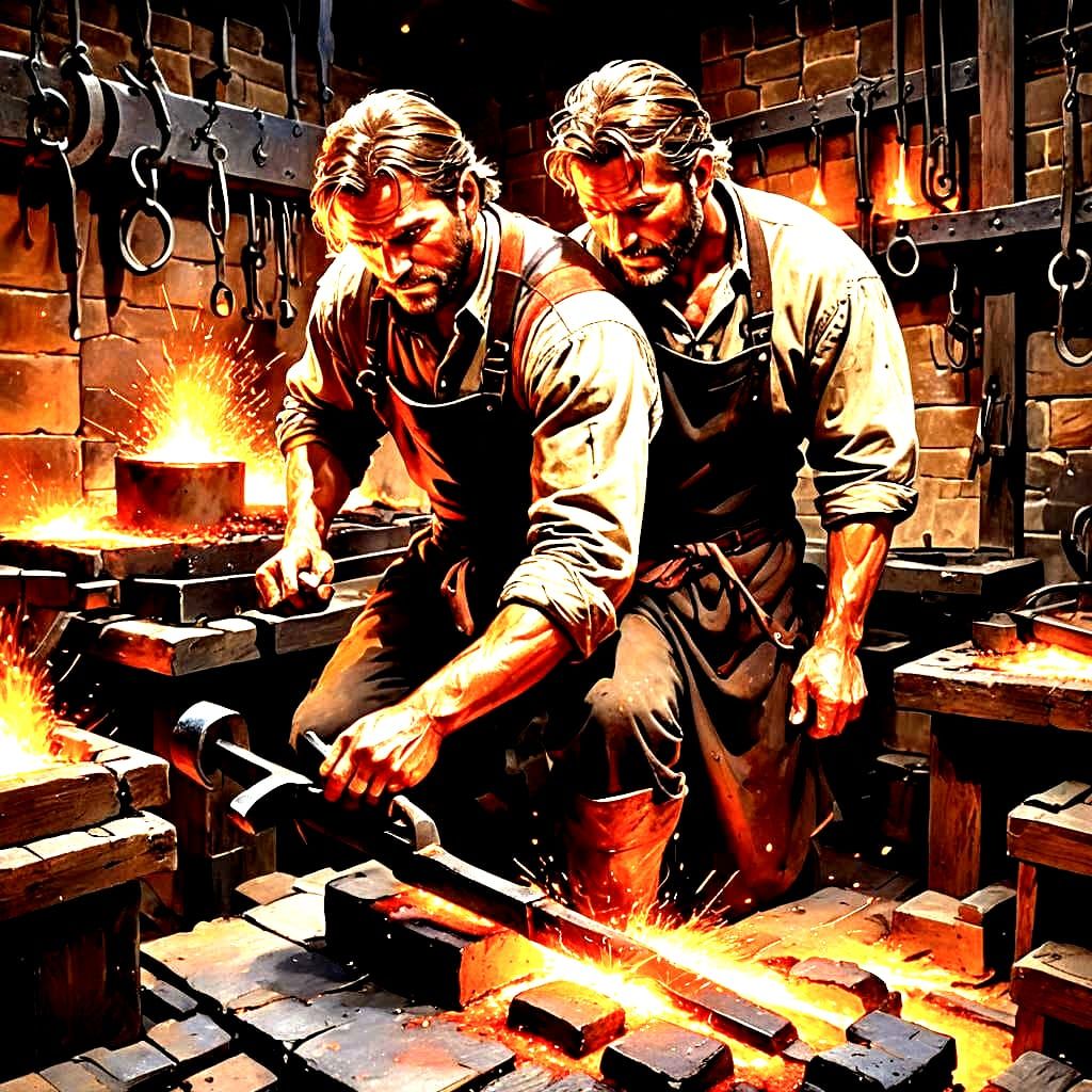 Red-Hot Forge Scene with New Horseshoes and Barley Twist Bar...