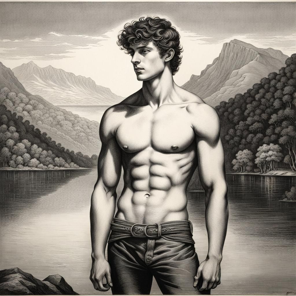 Serene young Man Stands in a Rocky Lake Landscape