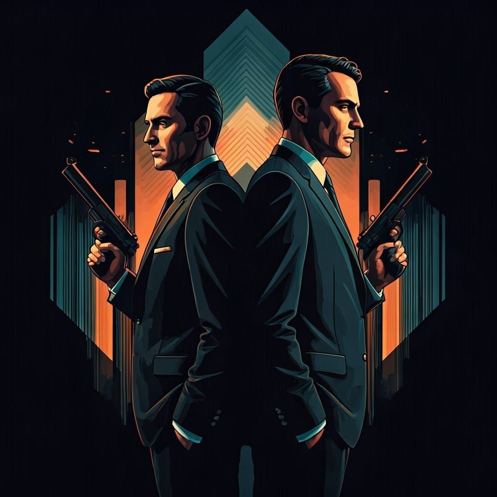 Men in Black, Dynamic Cityscape in Bold, Triadic Colors