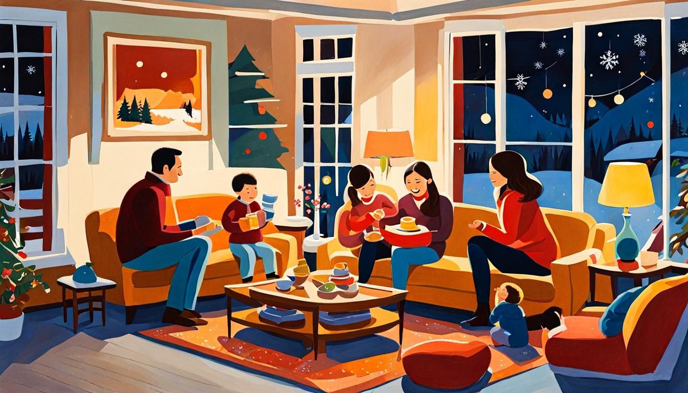 Cozy Family Night in a Snowy Living Room Gouache Painting