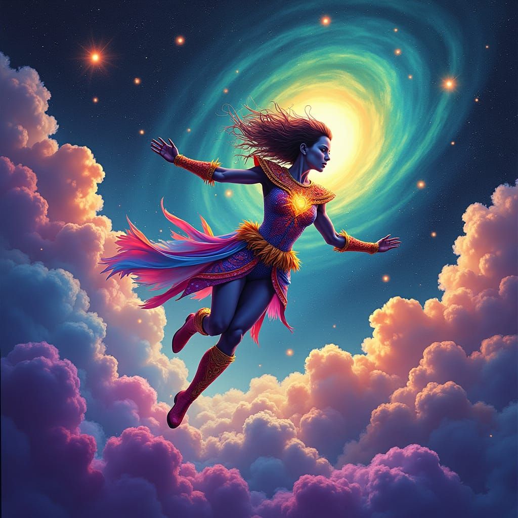 Cosmic Superhero Soars Through Vibrant Astral Expanse