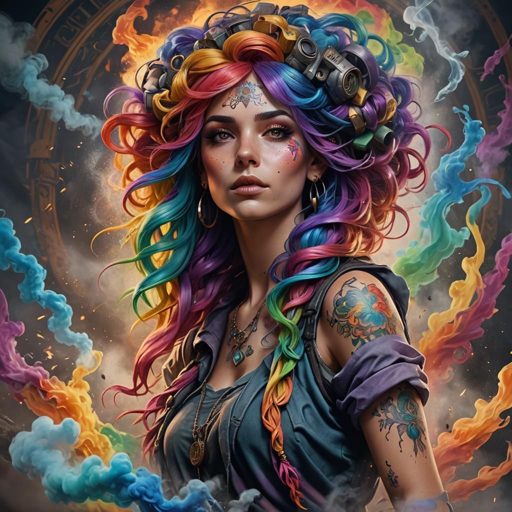 Stunning Portrait of a Rainbow Haired Woman in Vibrant Color...