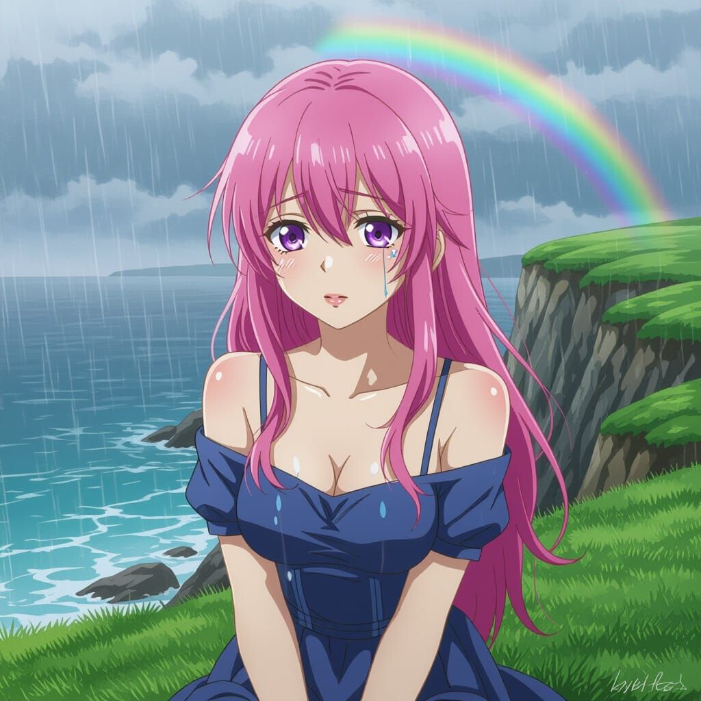 Pink-Haired Woman in Rain, Monet Style Drawing
