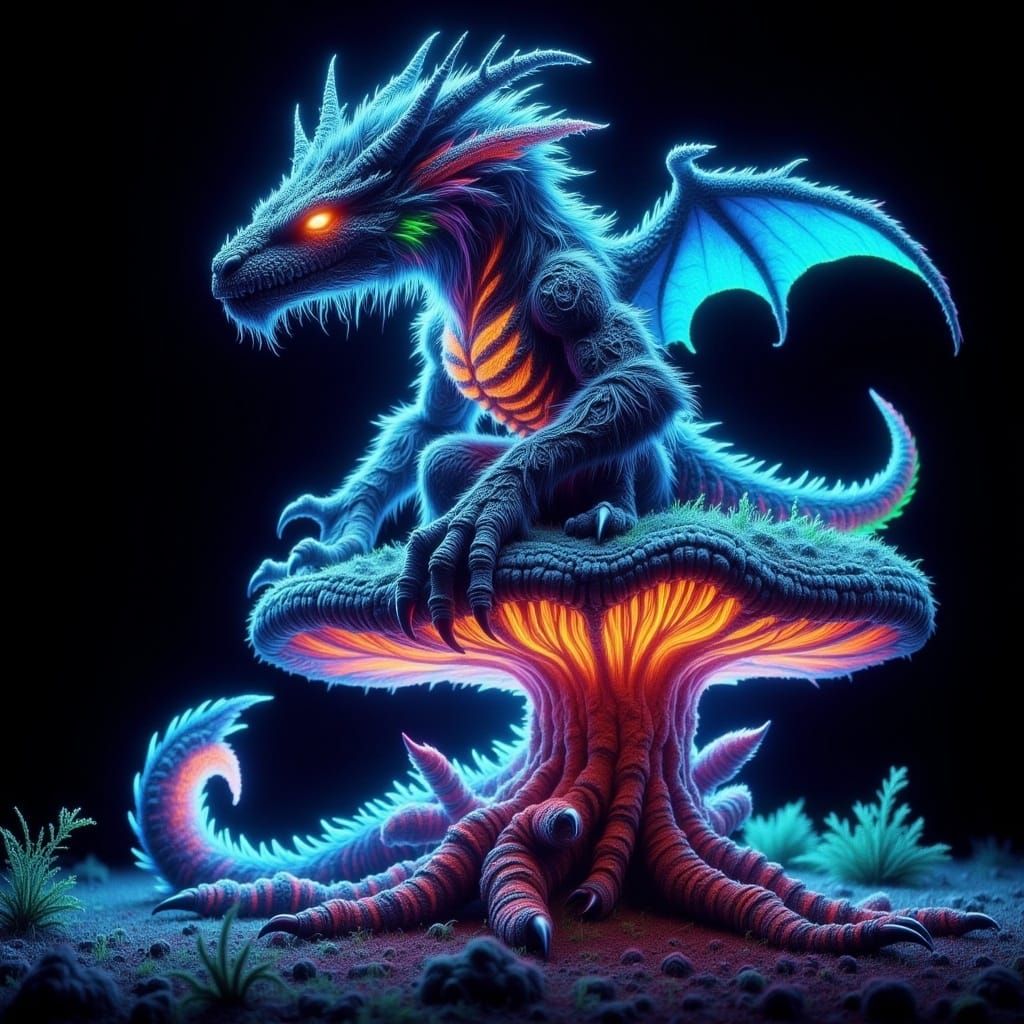 Surreal Chibi Dragon Sits on Glowing Mushroom