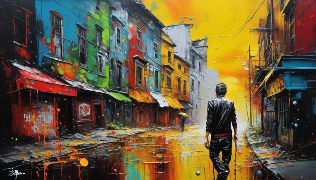 Vibrant Street Art in High Contrast Oil Painting