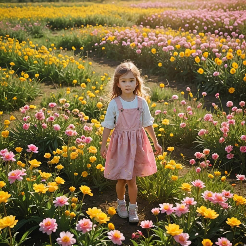 Blossoming Flowers in Sunny Fields, with a Little Girl Playi...