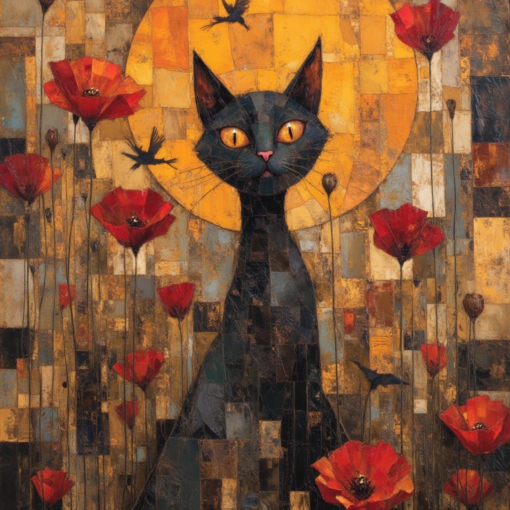 Folk Art Cat Illustration in Abstract Style