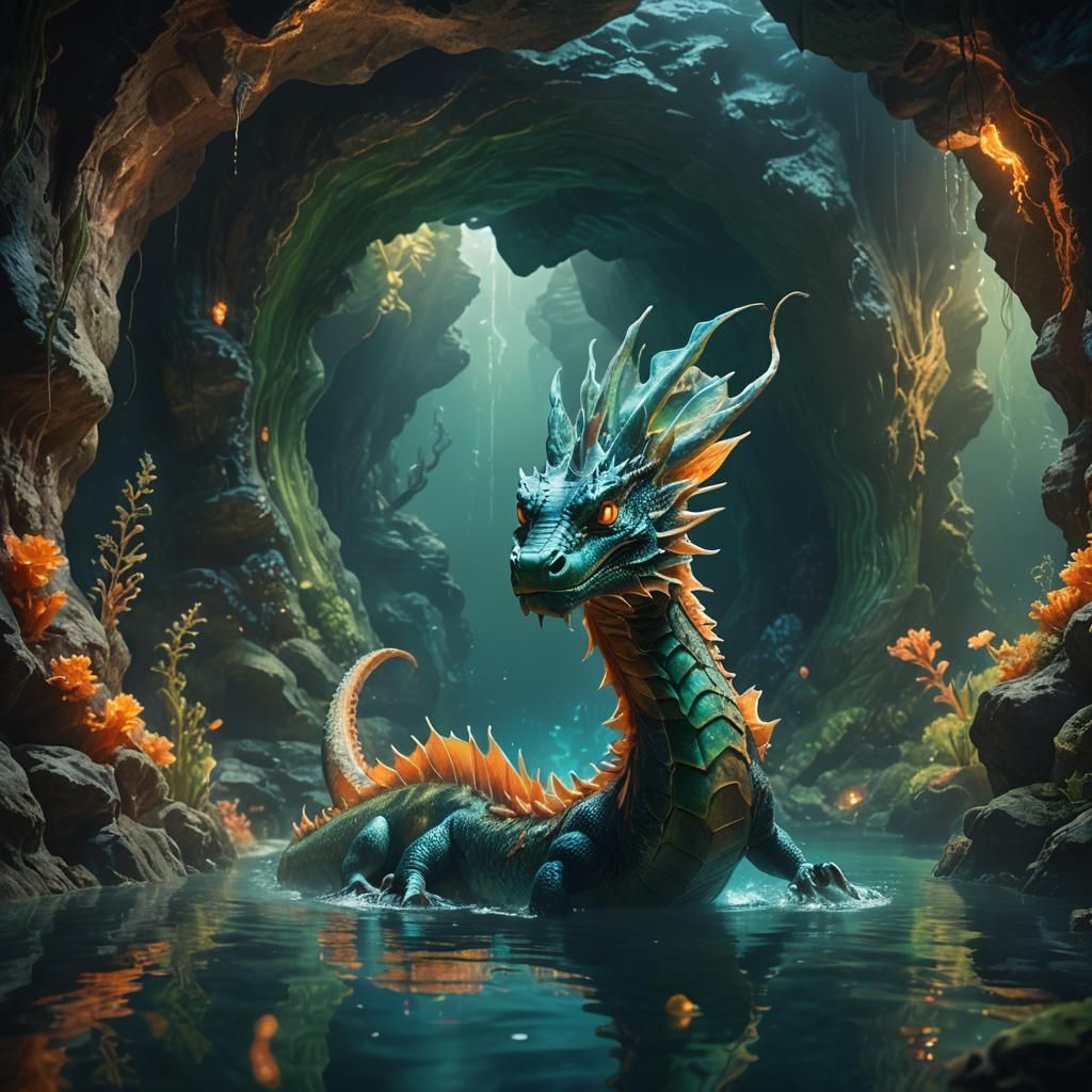 Fantasy Waterdragon in Cinematic Underwater Scene