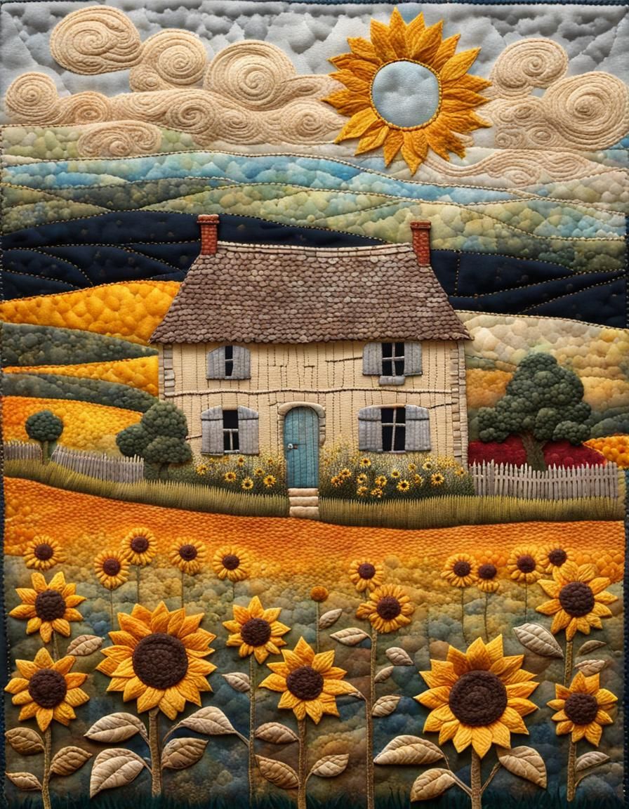 Sunflower Fields of Ancient France in Vibrant Mixed Media