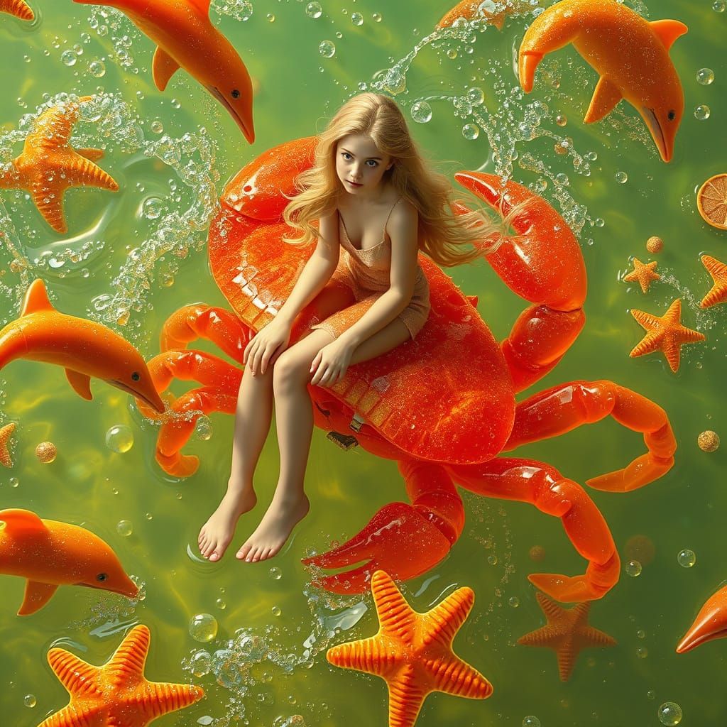 Woman Rides Gummy Crab Through Soda Sea