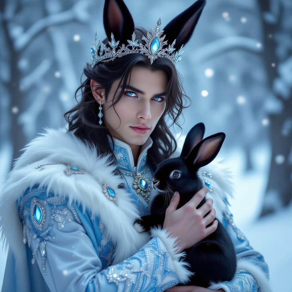 Fantasy Prince Holding Rabbit in Snowy Forest