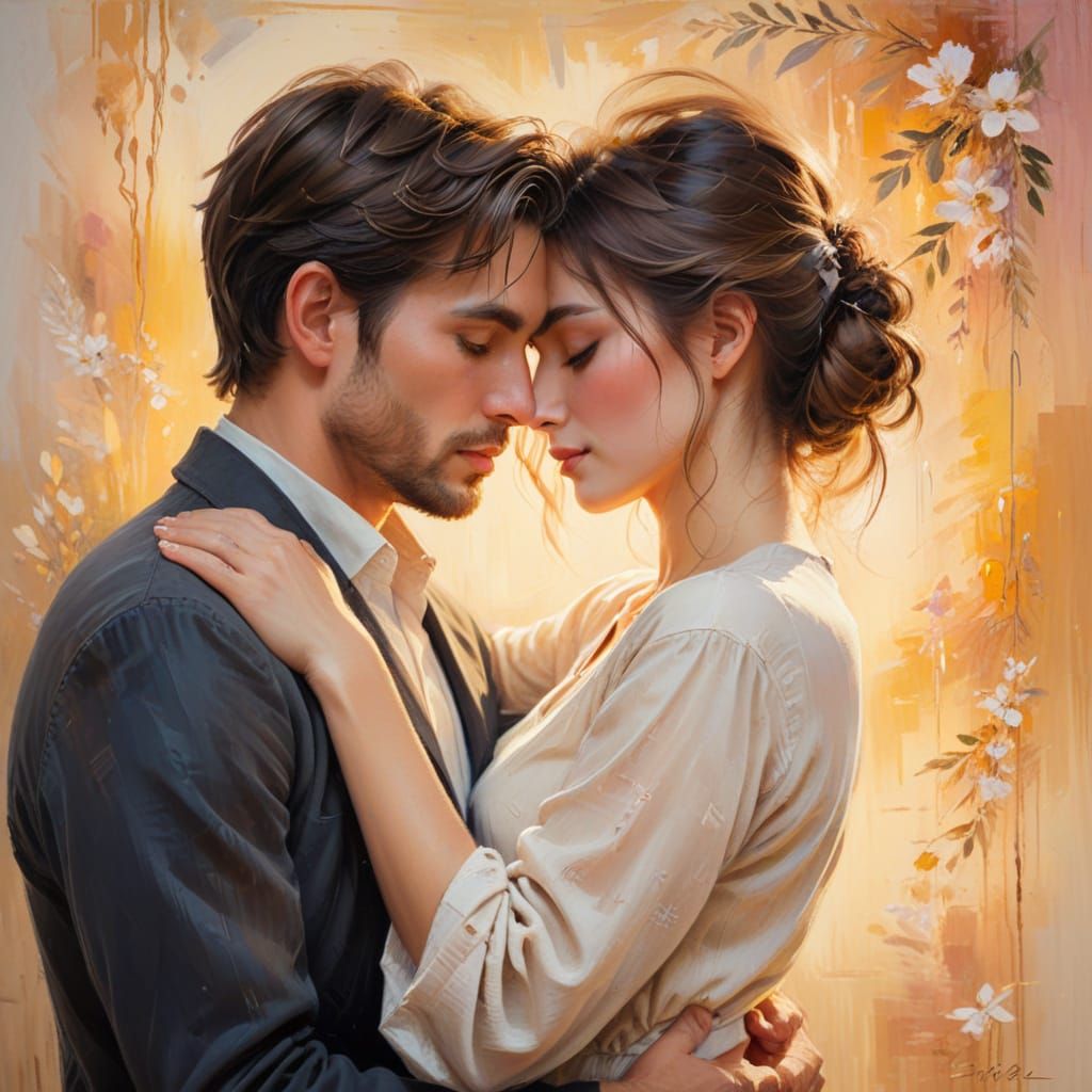 Embracing Couple in Warm Golden Oil Painting