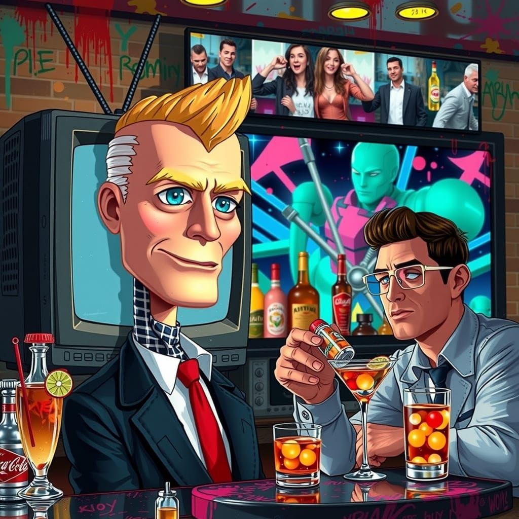 Vibrant 3D Animated Max Headroom in Retro-Futuristic TV Sett...