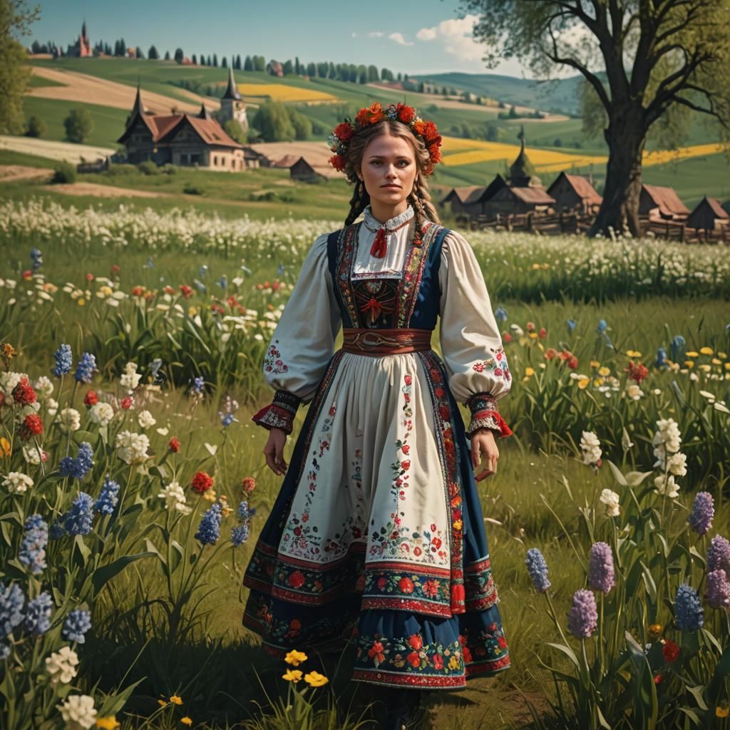 Traditional Hungarian Folk Goddess in a Vibrant Spring Lands...