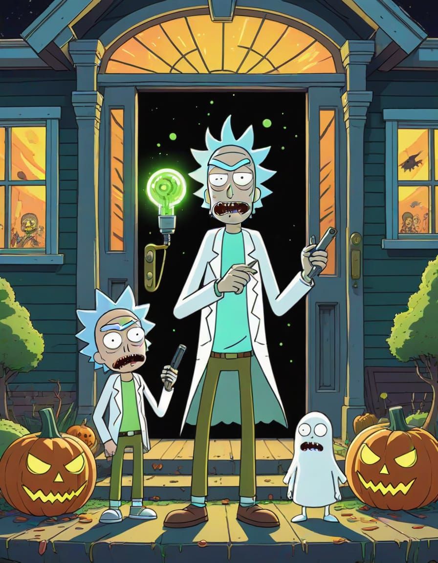 Rick and Morty Halloween Porch Scene in 2D Animation Style