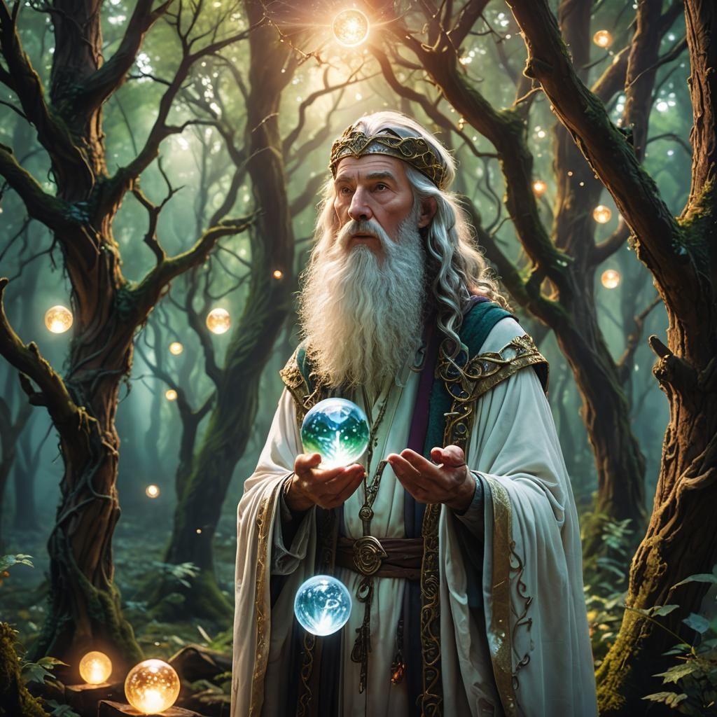 Ancient Wizard Contemplates Destiny in Glowing Forest