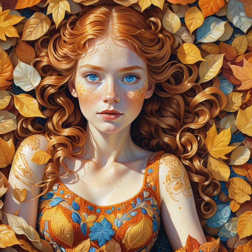 Elegant Pointillist Portrait of a Ginger Woman in Autumn