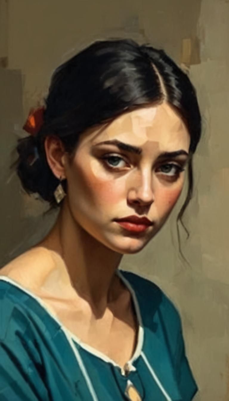 Young Woman in Cubist Fragmentation, Echoing Picasso's Blue....