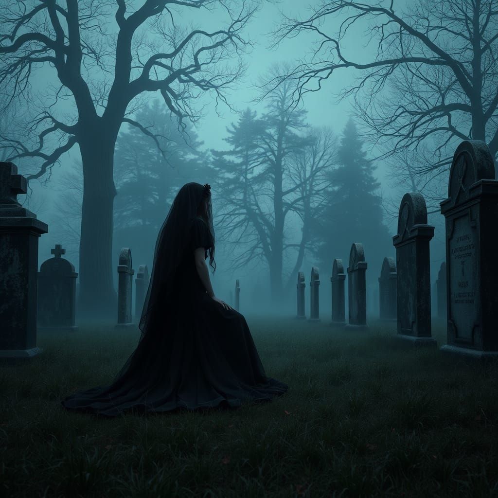 Eerie Woman in Black at Cemetery Dusk