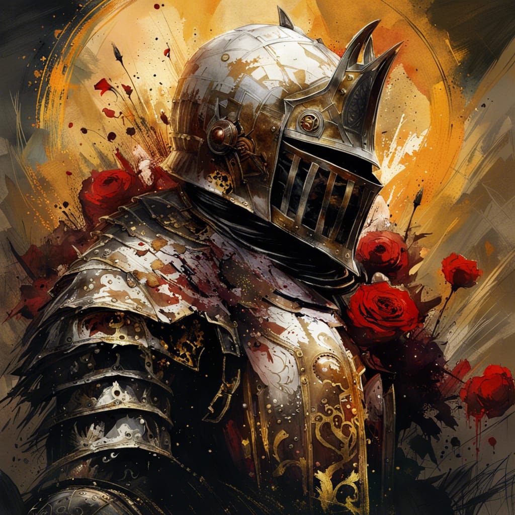 Gothic Knight's Helmet in Golden Armor Basks in Warm Sunligh...
