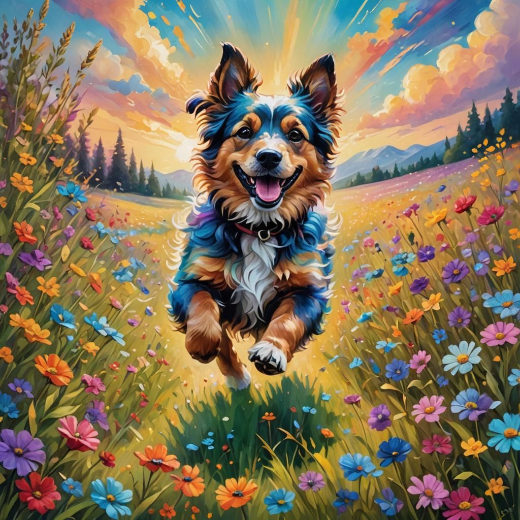 Whimsical Fantasy Dog Runs Through Enchanted Rainbow Meadow